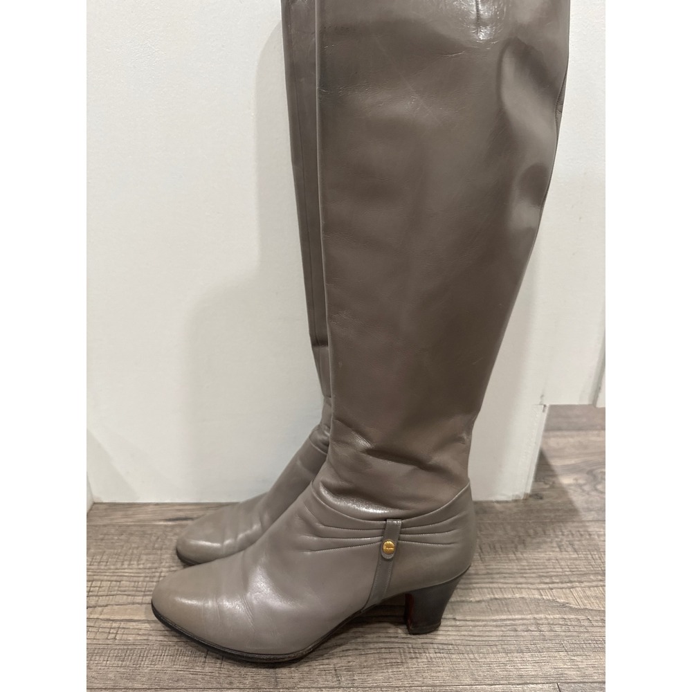 Salvatore Ferragamo Grey Leather Tall Boots Carla Gold Logo Heel Italy Womens 7B